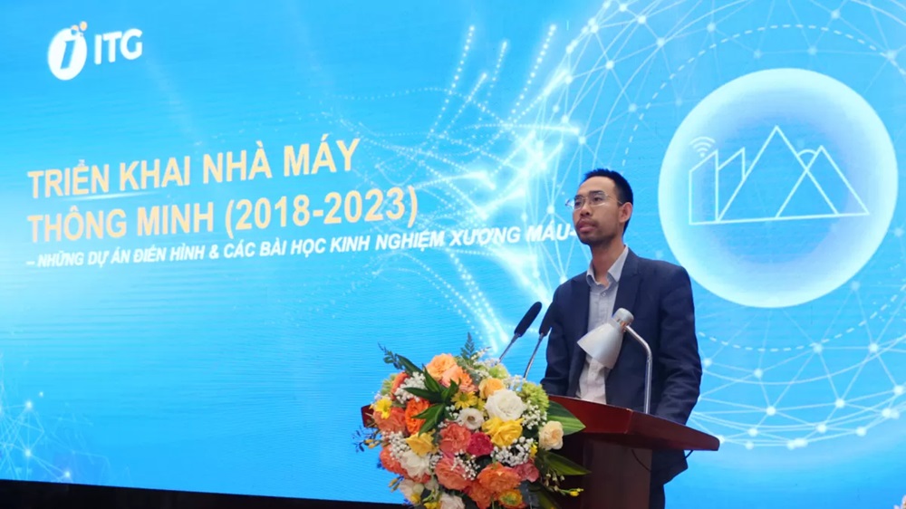 Nguyễn Thành Luân - Giám đốc Trung tâm tư vấn chuyển đổi số ITG DX trình bày về giải pháp Nhà máy thông minh tại Hội nghị